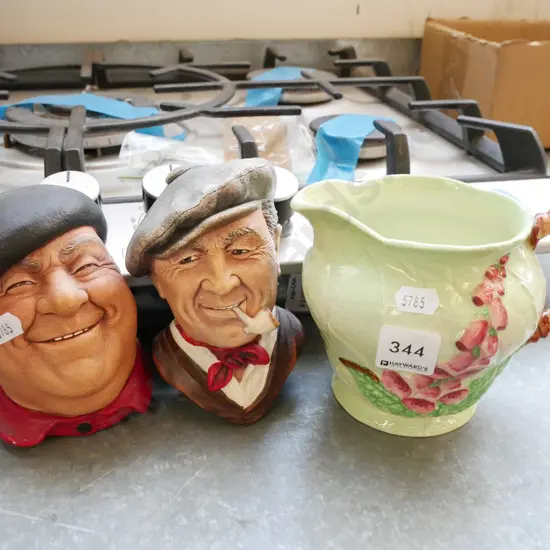 Carltonware jug (repair to handle) & 2 x Bossons wall mounted figures