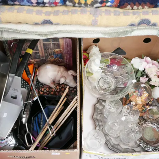 2 boxes; bbq tools, glass comport, bowl, tumblers, faux flowers etc - yellow dots