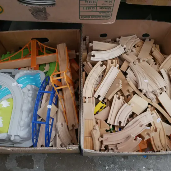 2x boxes; wooden train tracks, trains etc