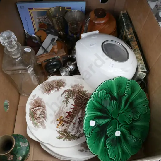 box;. plates, plated wine glasses, glass decanter, cloisonne vase etc