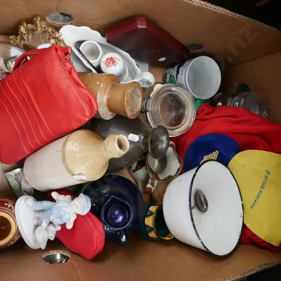 box; ornaments, stoneware bottles, hand mirrors, vases etc