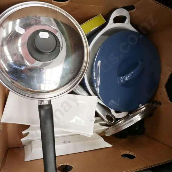 box; casserole, saucepan, steamer, serving dishes etc