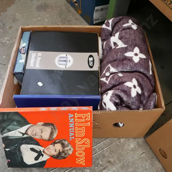 box; stock pot, synthetic throw, reproduction retro game etc
