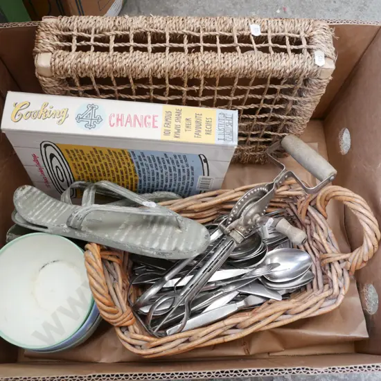 box; cutlery, cane baskets, plastic bowls etc
