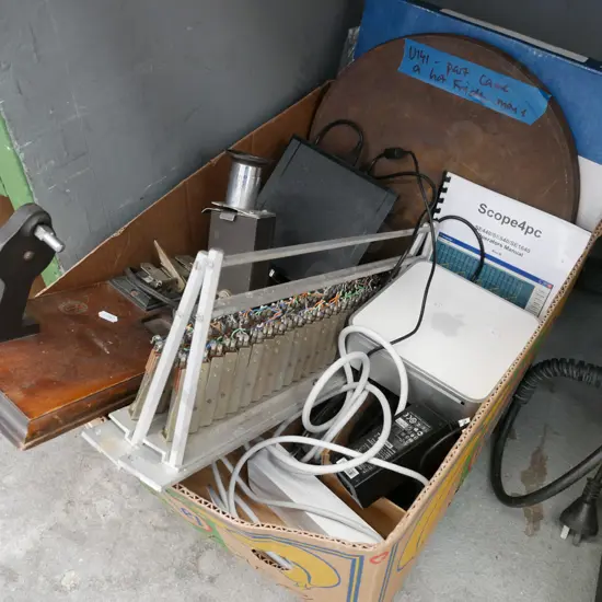 box - part "Came A Hot Friday" film on reel, assorted electronic items