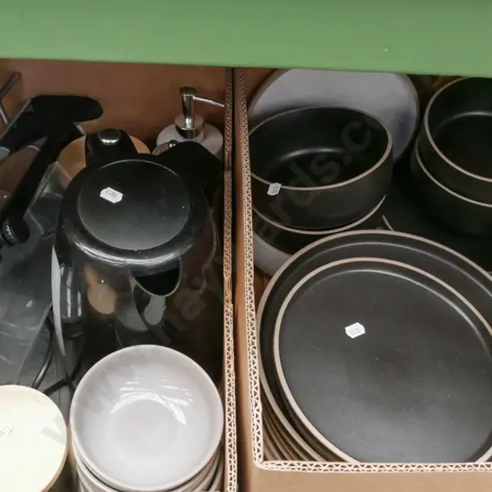 2x boxes; dinnerware items, jugs, canisters, gloves etc