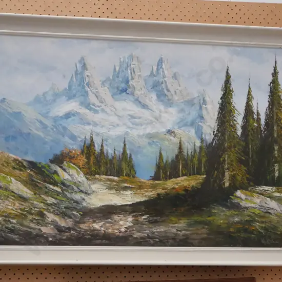 framed oil on board - mountain scene