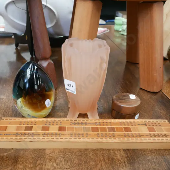 depression glass vase H-150, art glass paperweight etc