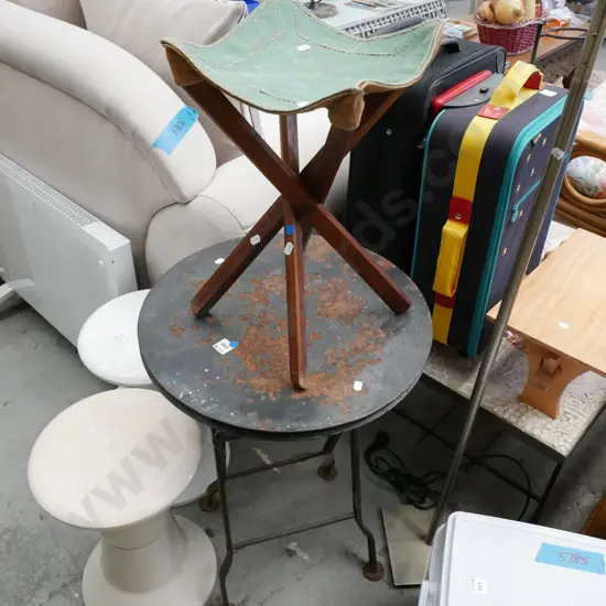 small canvas and wood foldaway stool, rusty foldaway outdoor table - blue dots