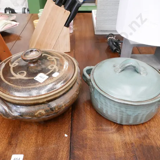 2x studio pottery lidded casseroles