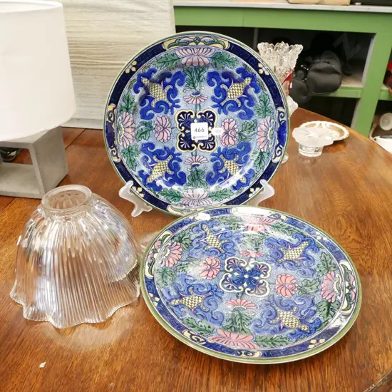 2x Royal Doulton plates, frilled glass light shade
