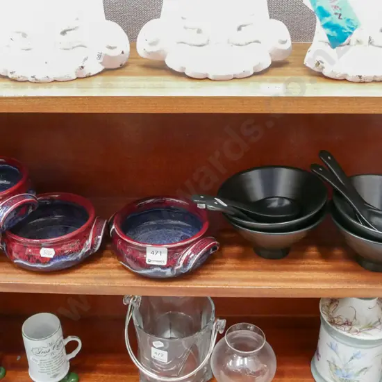 shelf; studio pottery and other bowls