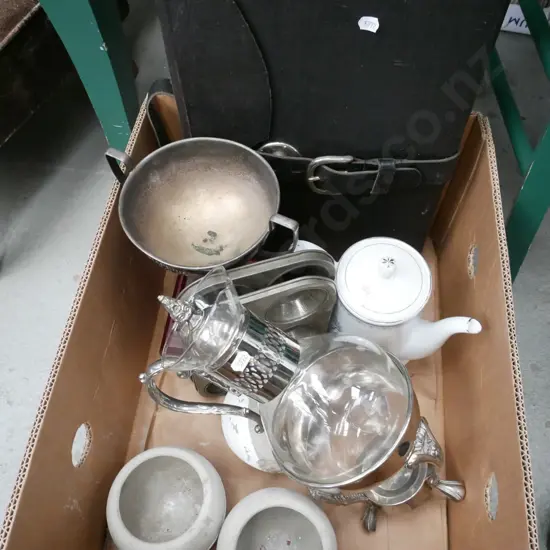 box; muffin trays, small jardinieres, coffee pot etc