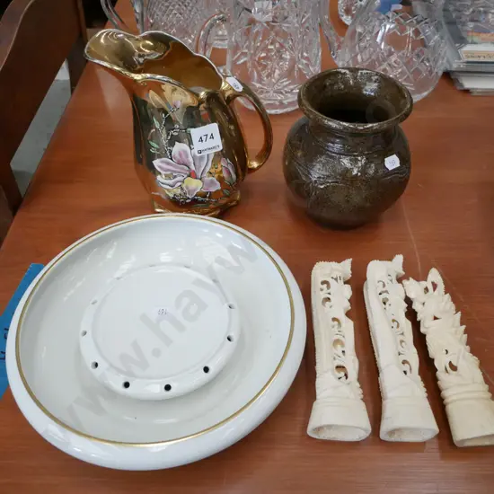 Hutschenreuther flower bowl, Royal Winton golden floral jug, studio pottery vase, carved bone ornaments