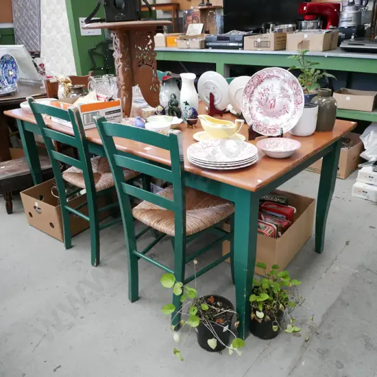 solid wood dining table with 4 matching seagrass chairs H-730 W-1800 D-900