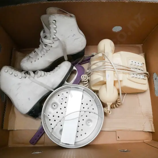 box; vintage phone, strainer, ice skates