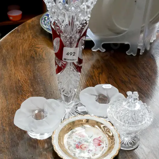 cut ruby and clear glass vase, 2 candlesticks etc