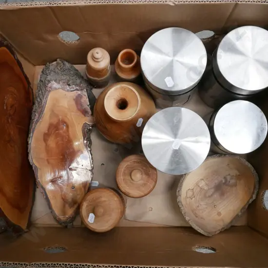 box; storage canisters, turned wooden vases, cut log heat pads etc