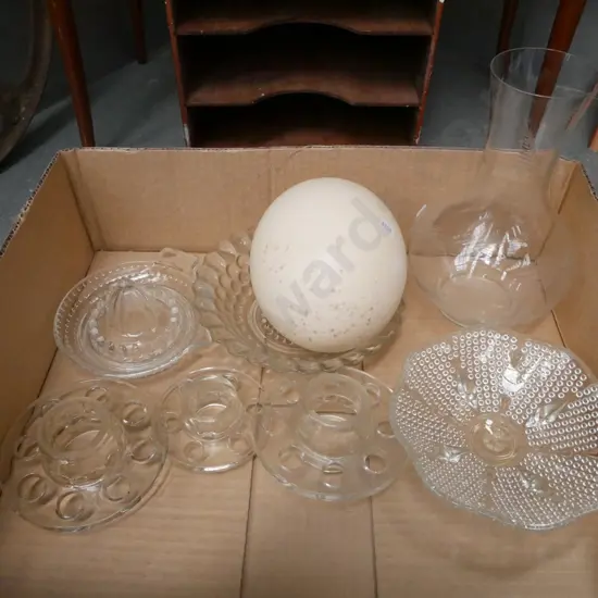 box; ostrich egg, glass bowl, decanter etc