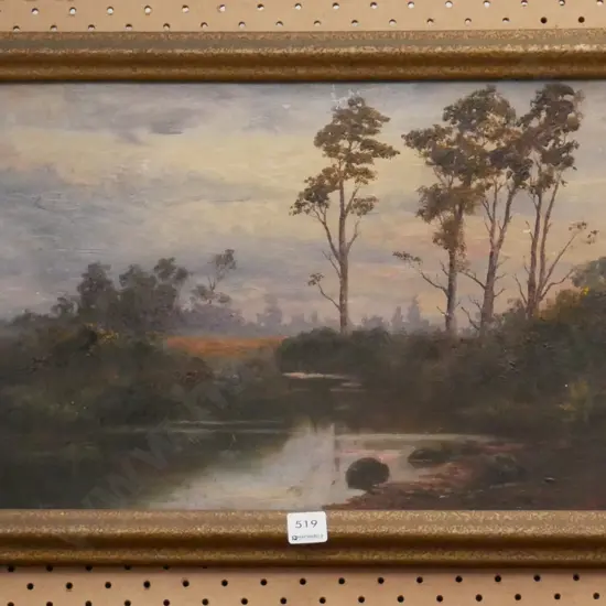 framed colonial oil on board -stream scene