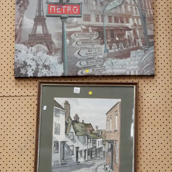 framed ink and watercolour - village street, French themed print on boxed canvas - yellow dots