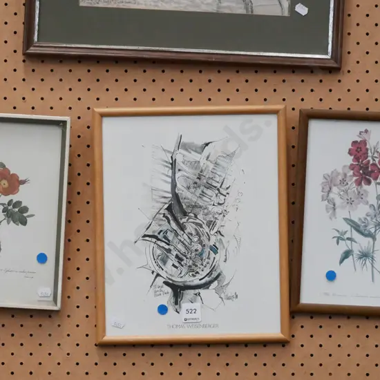 2x framed floral prints, framed abstract - blue dots