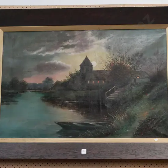 large oak framed oil on canvas - church at night