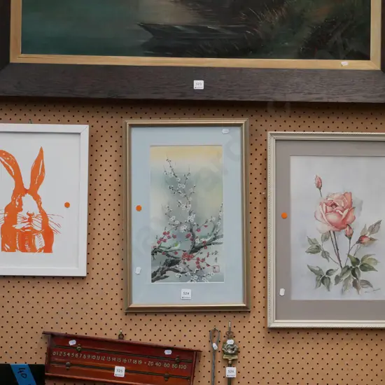 framed rabbit print, Asian watercolour, pink rose print - orange dots