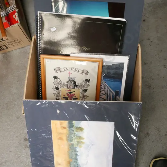 box; unframed prints, ODT 150 years publication etc