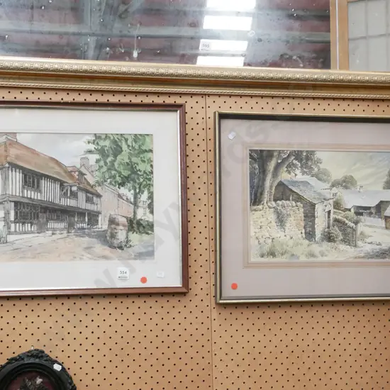 2x framed watercolour - village scenes - red dots