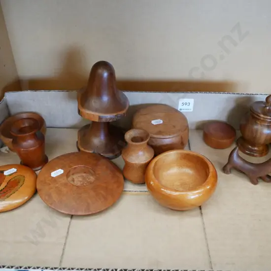 box; wood turners items; candlesticks, bowls etc