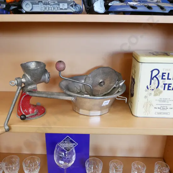 bench top mincer, mouli, Bell Tea tin