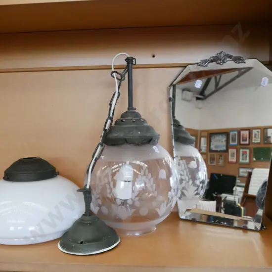 2 retro light fittings & small wall mirror with some silvering