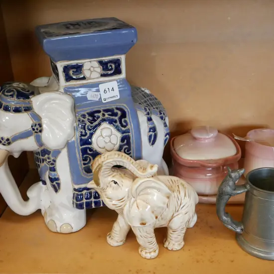 small ceramic jardiniere stand, elephant figurine, pewter beer tankard etc