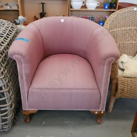 pink upholstered, cab leg tub chair, fading & stains to upholstery