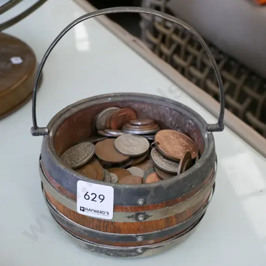small wood & metal basket of coins