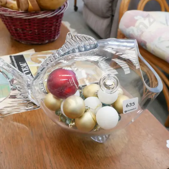 heavy glass fish themed container with various marbles & baubles