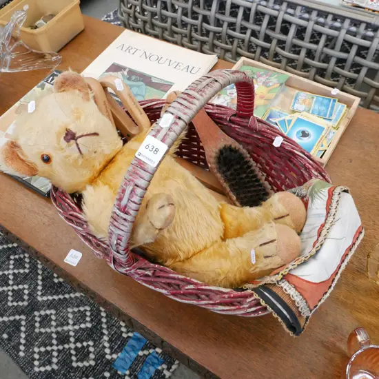 cane basket, vintage teddy beer, wooden shoe forms, brush etc