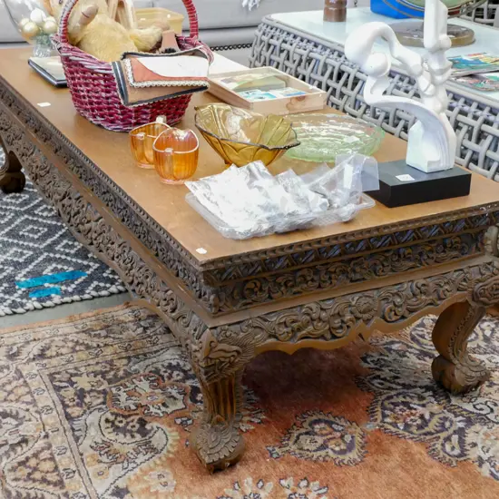 heavily carved hardwood cab leg coffee table H-410 W-1560 D-590