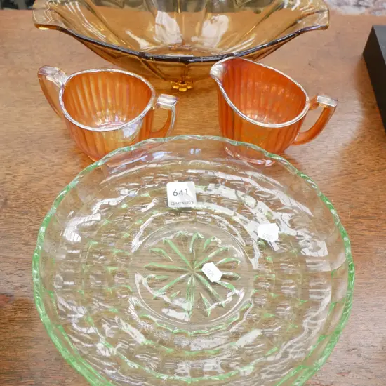 green glass dish, brown glass bowl, carnival glass cream & sugar