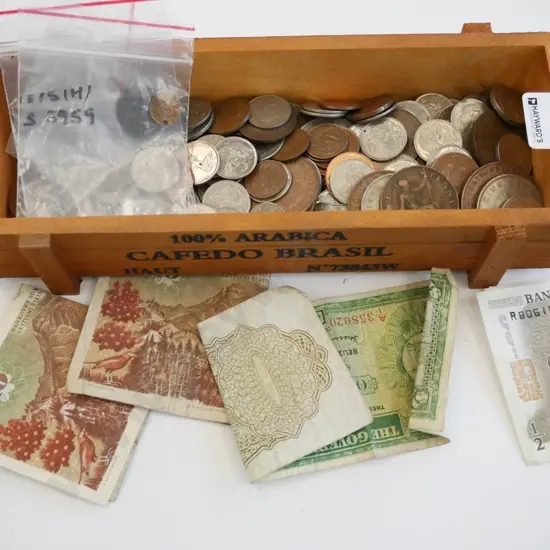 wooden box, coins & bank notes