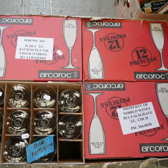 4x boxes of a dozen champagne glasses, one glass missing from one box