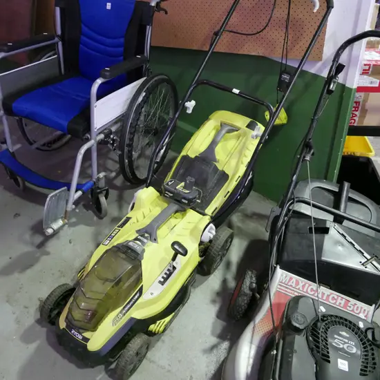 Ryobi One Plus 36cm 18V lawn mower with battery and charger - battery in office