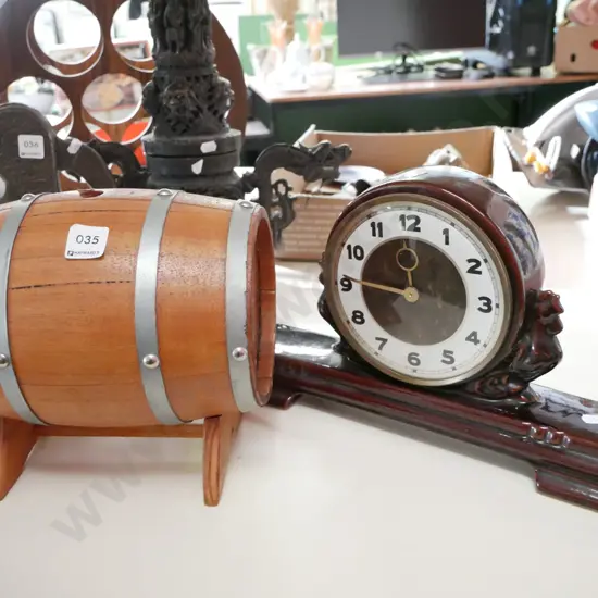 mantle clock, small oak barrel on stand - missing tap and plug