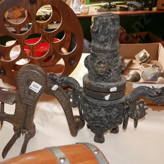 vintage bench mounted bottle opener, composite Japanese temple jar - damage H-360