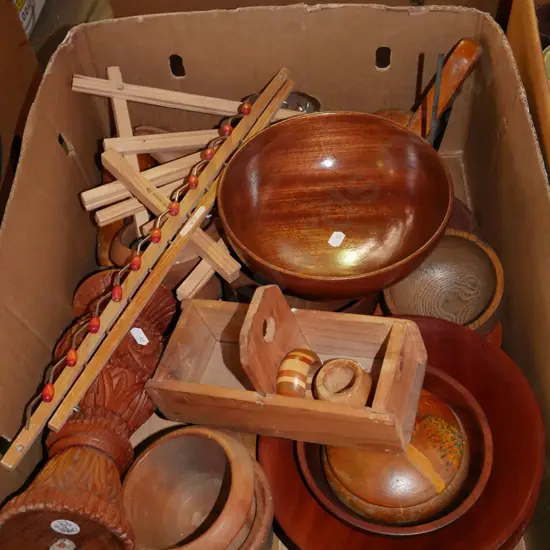 box; wooden bowls, easels, tie rack etc