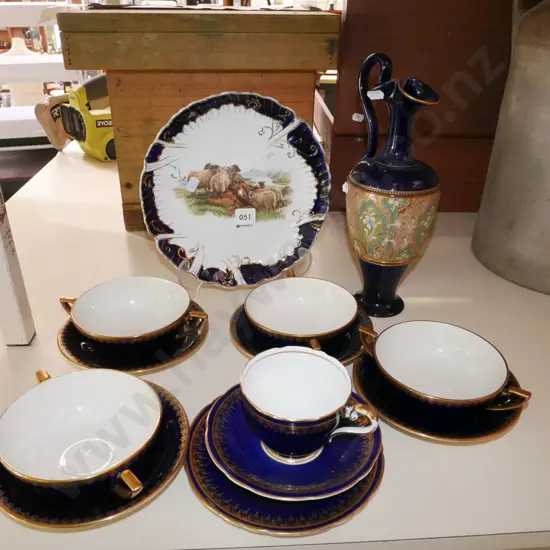 Highland's sheep plate, Doulton ewer vase, 4x soup dishes, trio