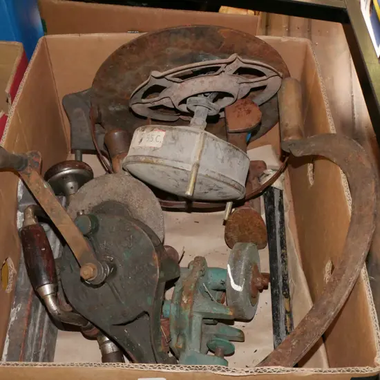 box; rusty allsorts; scythe, sharpening stone, moulding planes etc