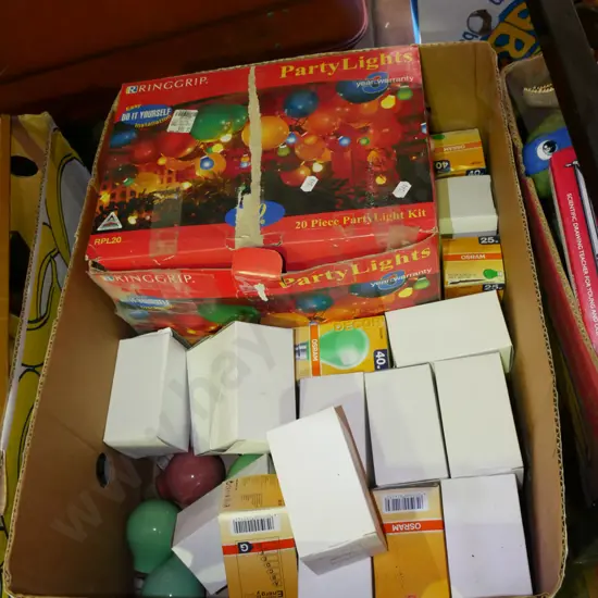 box of outdoor lights and coloured light bulbs