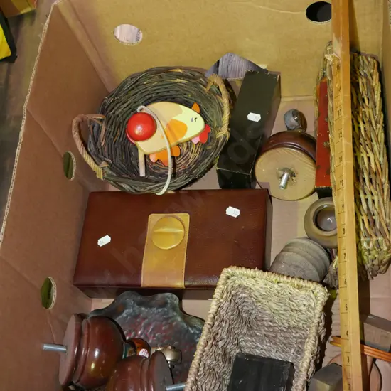 box; brass casters, baskets, jewellery box etc